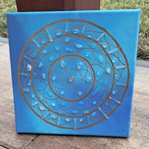 Krystalová mřížka SPOJENÍ S DUŠÍ s celestýny, akvamaríny a kříšťály 20 x 20 cm (Kopírovat)